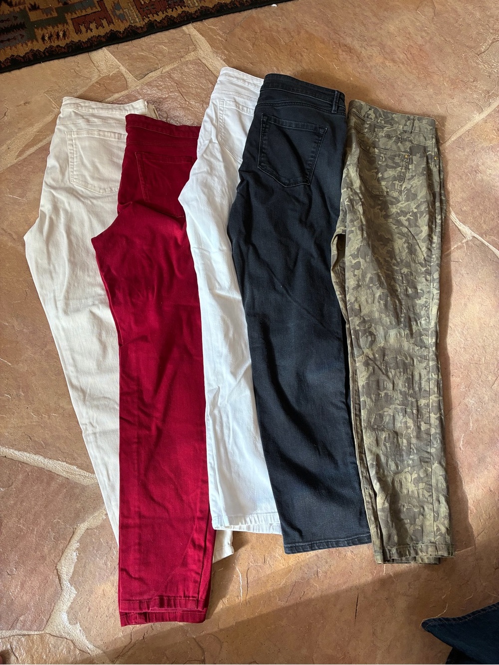 5 pair Skinny Jeans, Sty&Co, Ann Taylor and INC. Red White Black Camo size 14